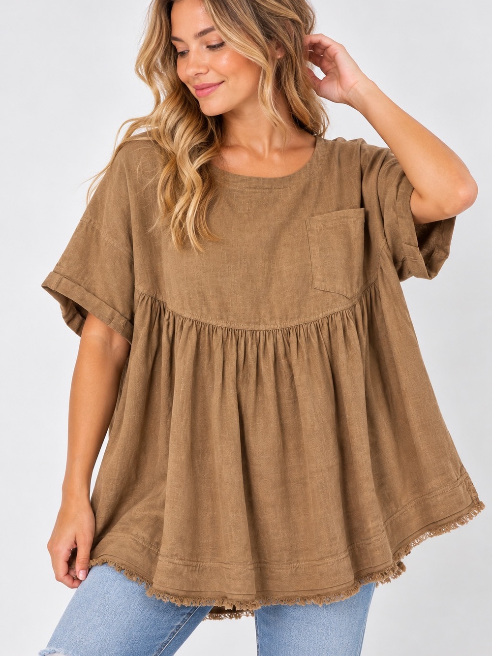 We The Free 100% Linen Oversized Babydoll Tunic in Brown